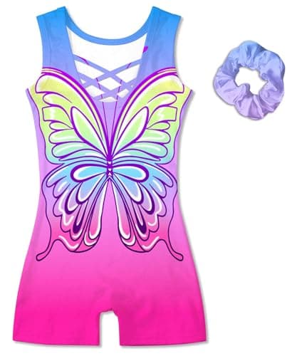 uideazone Girls Purple Gymnastics Leotards Funny Butterfly Grphic Unitard Biketards with Hair Scrunchie Vibrant Colors for Kids' Gifts - Image 1
