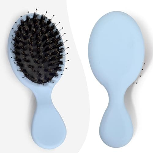 Mini Boar Bristle Hair Brush - Boar & Nylon Bristle Small Brush for Women Kids Long Short Hair to Smooth Add Shine - Travel Size Hair Brush for Purse,Pocket - Blue - Image 1