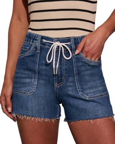 MEMVU Denim Shorts Women Elastic Waist Drawstring Stretchy Distressed Jean Shorts for Women with Pockets Casual High Waisted Stretchy Cut Off Summer Beach Ladies Shorts 2026 Dark Blue XL - Image 1