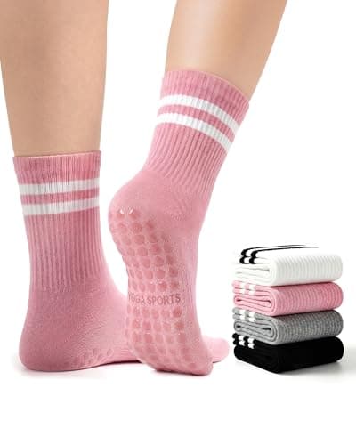 4 Pack Pilates Crew Grip Socks for Women Non Slip Sticky Grippers Yoga Barre Slipper for Hospital Maternity Elderly Home Floor Reformer Ballet Dance Studio Athletic Thick Cotton - Image 1