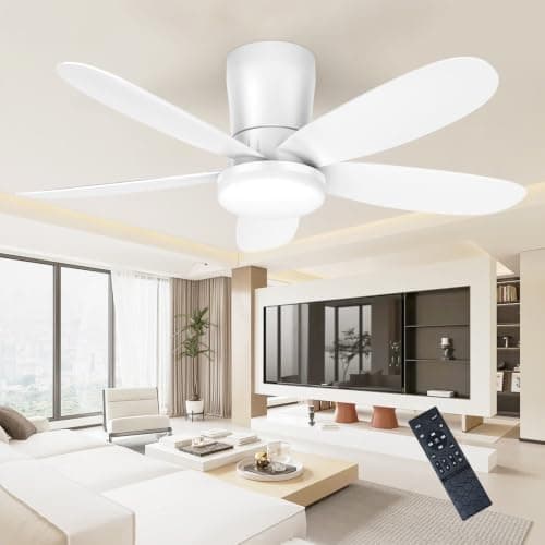 DABOUHORS Ceiling Fans with Lights, Low Profile 42-Inch Modern White Small Ceiling Fan for Bedroom Indoor Outdoor - Dimmable Fans with Timer Remote Control Flush Mount Reversible 5 Blades 6 Speeds