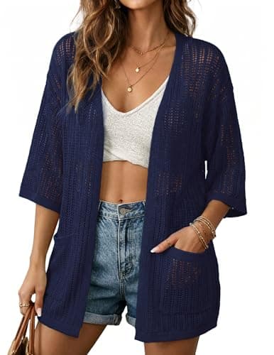 BB&KK Summer Cardigans for Women 3/4 Sleeve Knit Boho Kimono Lightweight Crochet Cardigans with Pockets Navy Blue L - Image 1