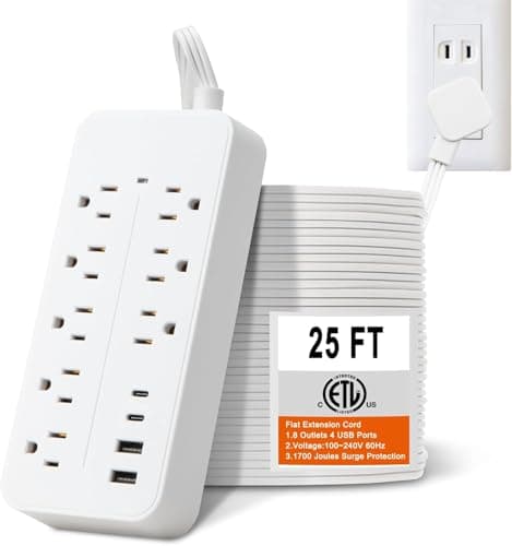 Flat Extension Cord 25 ft, Extra Long Cord Power Strip with 8 Outlets 4 USB Ports, Under Carpet, Multiple Outlets Overload Protection for Indoor, Home, Office, Dorm Room Essentials, White - Image 1