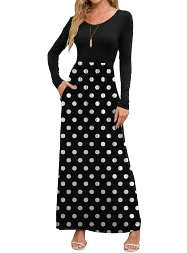 DEARCASE Long Sleeve Maxi Dresses for Women Black Polka Dots X-Large Round Neck Boho A-line Casual Hawaiian Sundress Flowy Elegant Party Vacation Spring Summer Beach Long Sun Dresses with Pockets - Image 1