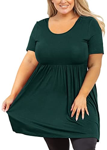 AusLook Women's Plus Size Tunic Short Sleeve Clothes Scoop Neck Summer Tops Pleated Flowy Loose Fit Babydoll T Shirt L-5X, C02-dark Green, XXL Plus - Image 1