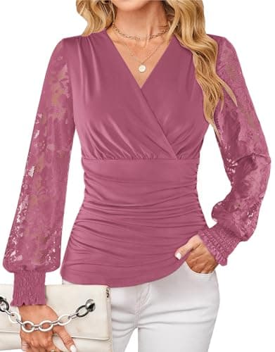 GRACE KARIN Womens Tops Dressy Casual, Elegant Lace Sleeve Shirts Wrap Ruched Blouses, 2026 Fall Outfits Fuchsia S - Image 1