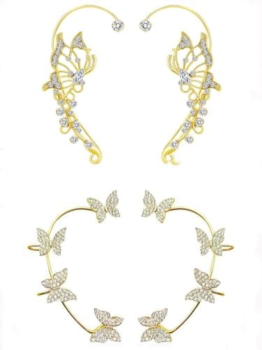 YRlilicc 2Pcs Glitter Rhinestone Butterfly Ear Cuff Vintage Non-Piercing Fake Earrings Bridal Wedding Climber Ear Wrap Prom Ball Ear Jewelry for Women (2Pair Gold) - Image 1
