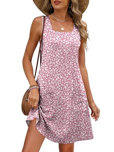 ANRABESS Womens Summer Tank Dress Square Neck Sleeveless Mini Sundress with Pocket 2026 Casual Floral Beach Vacation Outfits Floral Pink XX-Large - Image 1