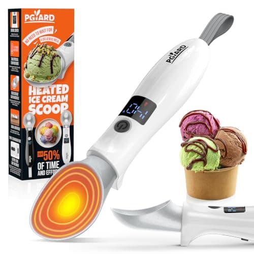 PGYARD Heated Ice Cream Scoop - Rechargeable with LED Display & Real-time Temperature, Adjustable 2-Level Heats for Hard Ice Cream, Easy for Seniors & Kids, Waterproof, Drip-Proof Stand White - Image 1