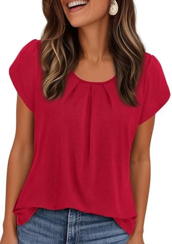 PRETTYGARDEN Womens Tops Dressy Casual Summer 2026 Short Sleeve Blouses Crew Neck Pleated Basic T Shirts Spring Clothes (Red,Small) - Image 1