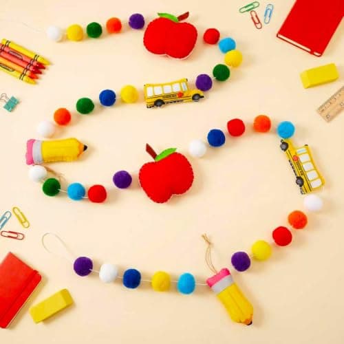 yuboo Back to School Felt Banner, 9.02 Ft Cute Pre-Assembled 3D Apples School Bus Pencil Garland Colorful Pompom Hanging Banner for First Day of School Classroom, Porch, Home Wall Decorations