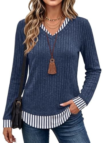 WIHOLL Business Casual Tops for Women Fall Tunic Sweaters Striped Navy XL - Image 1