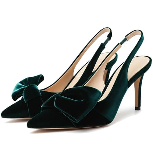 Moloershow Women's Slingback Heels with Bow Pointed Toe Pumps with Elasticated Strap 3.3" High Kitten Heels for Cute Weddings Bride Shoes Velvet Emerald Dark Green Size 9.5
