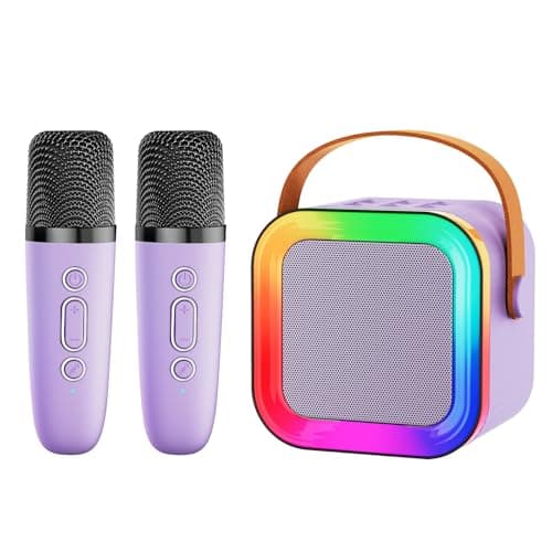 Kids Karaoke Machine Toy for Ages 3-12, Rechargeable Portable Bluetooth Speaker with 2 Wireless Mics, LED Lights Voice Changer, Christmas Birthday Gift for Boys Girls Grandkids (Purple -2)
