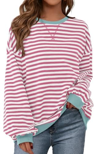 PRETTYGARDEN Womens Oversized Sweatshirt Casual Striped Color Block Long Sleeve Crewneck Pullover Tops Spring Y2k Clothes (Pink White, Medium) - Image 1