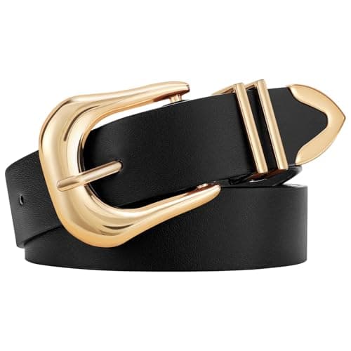 LEACOOLKEY Women's Fashion Leather Belt with Gold Buckle Ladies Waist Belts for Jeans Dress Pants - Image 1