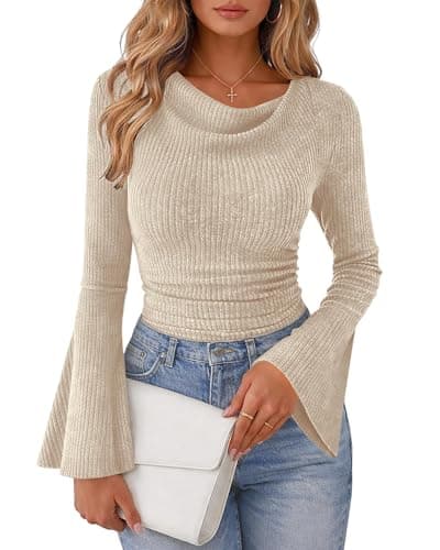 Lazysmile Women's Bell Sleeve Cowl Neck Ribbed Knit Shirts 2049 Ruched Trendy Going Out Tops Casual T Shirt Beige - Image 1