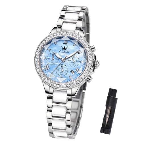 OLEVS Women's Silver Watch Water Resistant for Women Ceramic Stainless Steel Bracelet Blue Mother of Pearl Chronograph Dial Luxury Diamond Bezel Elegant Ladies Quartz Wrist Watch Gift reloj para Mujer - Image 1