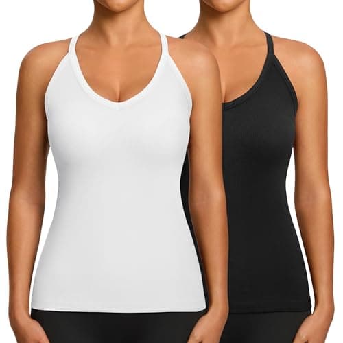 Missclub 2 Pack Women's Tank Tops with Padded Shelf Bra Sleeveless Workout Athletic Yoga Gym Tops Shirts Black White - Image 1