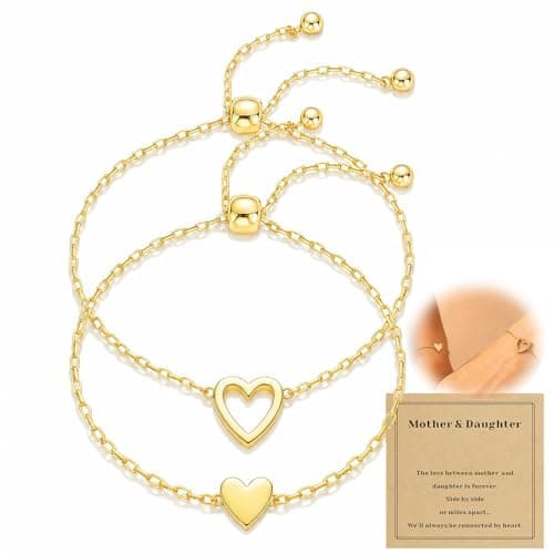 Mother Daughter Bracelets, 14K Gold Plated Stainless Steel Matching Heart Bracelet for Mothers Day Birthday Friend Gifts, Mommy and Me Bracelets Jewelry for Women, Adjustable Friendship Bracelet - Image 1