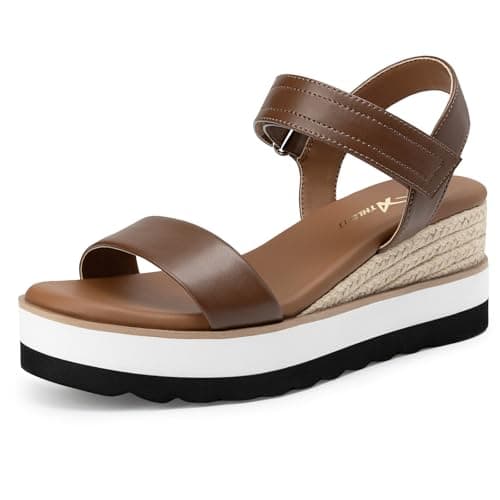 Athlefit Espadrille Wedge Sandals for Women, Open Toe Ankle Strap Low Wedge Heel Platform Sandals for Summer, Brown Size 8, SAPS2617W - Image 1