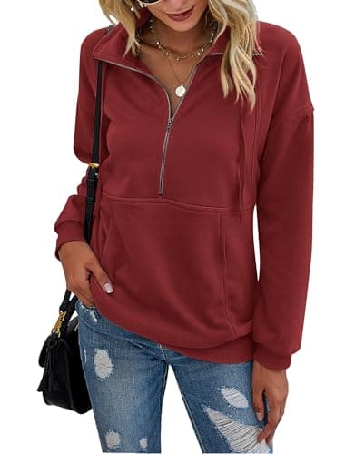 PRETTYGARDEN Women's Casual Long Sleeve Lapel Zipper Sweatshirt Drawstring Loose Pullover Tops (Wine Red, X-Large) - Image 1
