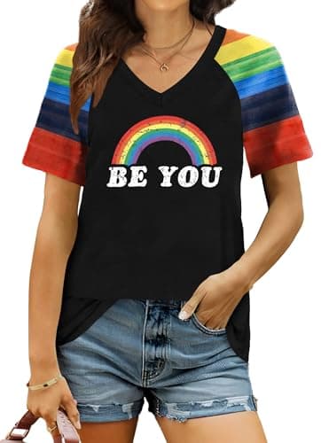 Zylkor Pride Tshirts for Women Be You Letter Print T Shirt Rainbow Graphic Tee Shirt Pride Vneck Tee Tops - Image 1