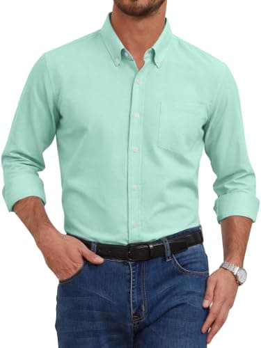 GIANZEN Grade 3.5 Wrinkle-Resistant Men's Light Blue Green Lightweight Oxford Dress Shirts Long Sleeve Casual Pocket Shirt Light Blue Green Size XXXXL - Image 1