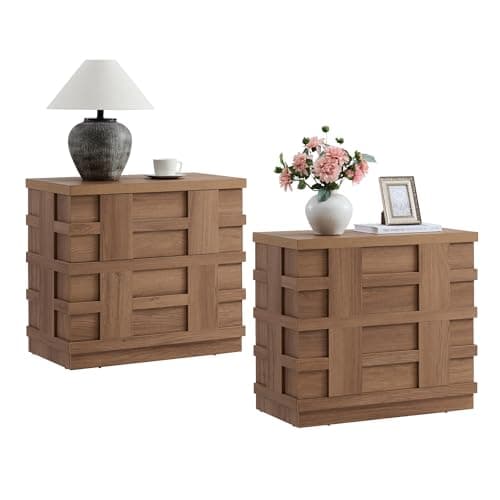 VividVibe Oversized Nightstand, Nightstand with Drawers, Large Bedside Table 3D Woven Texture Side Table Bedroom Home Office, End Table Mid Century Modern Accent Wooden Night Stand Set 2 Brown Oak - Image 1