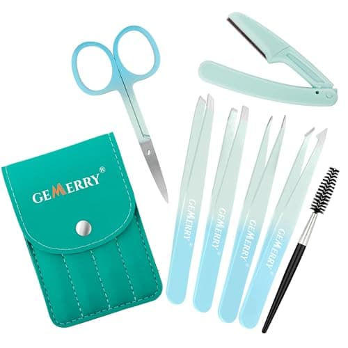 GEMERRY Eyebrow Tweezers Set, 7 Pcs Lash Tweezers for Women, Precision Tweezer for Eyebrows with Curved Scissors and Eyebrow Razor and Lashes Brush for Ingrown Hair Stainless Steel Eyelash Tweezers - Image 1