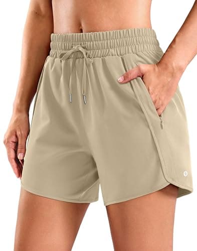SANTINY Women's 5'' Running Shorts with 2 Zipper Pockets Lightweight Quick Dry Gym Workout Athletic Shorts for Women Khaki - Image 1
