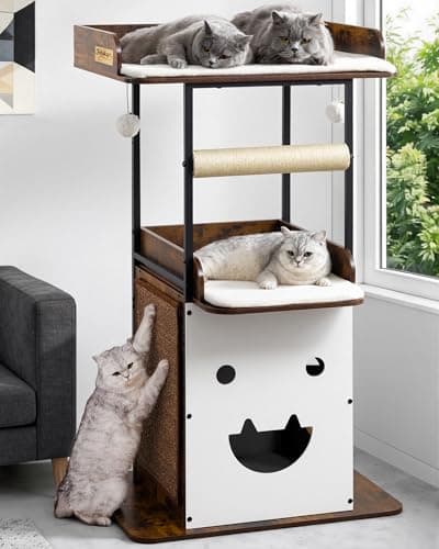 Feliskyn Wood Modern Cat Tree Tower for Indoor Large Cats, 48-Inch Tall Wooden Cat Trees with Big Perch Bed, Multi-Level Condo with Scratching Board Posts, Removable Pads, Cat Furniture, Rustic Brown - Image 1