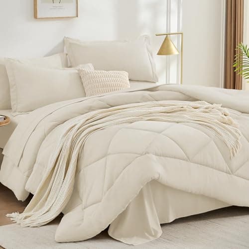 FUANNA 7 Pieces Queen Comforter Set, All Season Bed in a Bag Queen Size, Luxury Soft Bedding Sets with Comforter, Flat Sheet, Fitted Sheet, Pillowcases & Pillow Shams, Cream White - Image 1