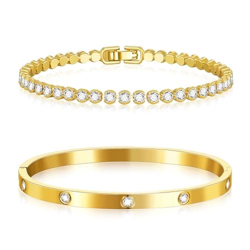 Howoo 14K Gold Plated Bracelets for Women Gold Bangle Zirconia Tennis Bracelet Mesh Link Snake Chain Bracelets Jewelry Set - Image 1