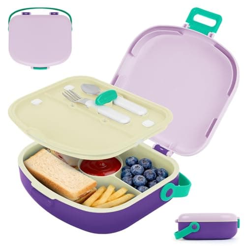 G.a HOMEFAVOR Lunch Box for Kids: 4-Compartment Bento Box with Stainless Steel Utensils, Soft-Grip Handle, Leakproof Food Container for School, 41 oz, Purple