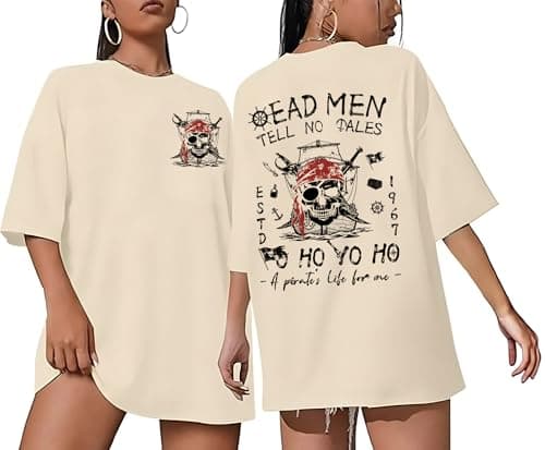 Pirate Shirt Women Vintage Graphic Oversized Skeleton Shirt Funny Casual Skull Short Sleeve Top - Image 1