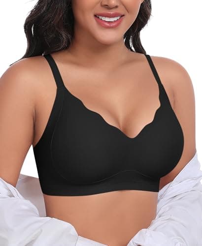 Ganado Scalloped Wireless Bras for Women Seamless No Underwire Bra Full Coverage Padded Comfortable Bralettes (Black, Large) - Image 1