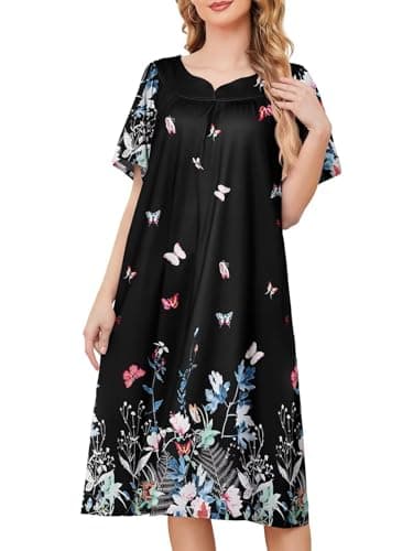 udforsk House Dresses for Older Women with Pockets Moomoo Dresses for Women Nightgowns House Dresses for Elderly Lounge Dress for Womens Black Colorful Floral S - Image 1