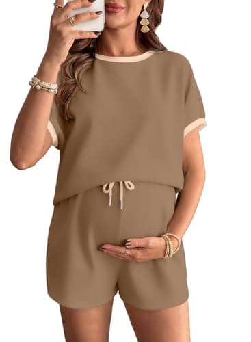 BLENCOT 2 piece sets for women Maternity Pajamas Short Sleeve T-Shirts and Shorts Set Pregnancy Loungewear with Pockets Dark Khaki Large - Image 1