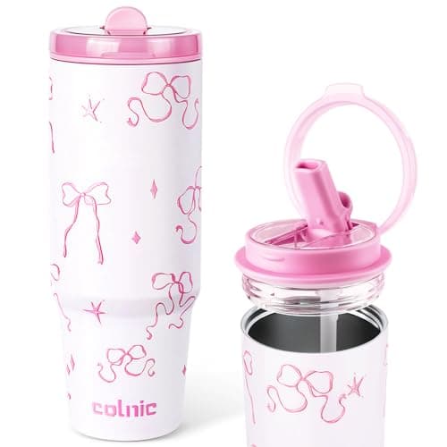 Colnic 30 oz Pink Bow Tumbler with Straw and Handle, Cute Water Bottles for Women Girls Cup, Insulated Travel Coffee Tumbler, Leak Proof Stainless Steel Coffee Mug, Aesthetic Coquette Bows Cups - Image 1