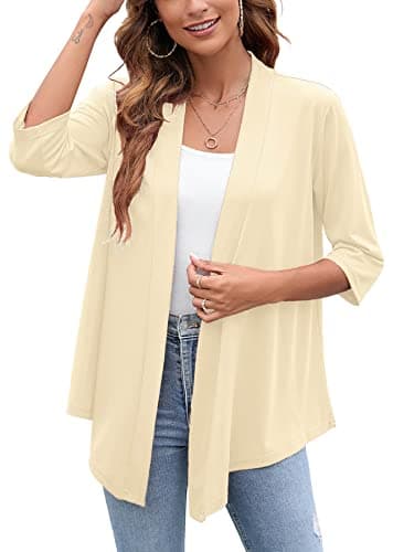 Heymoments Cardigan for Women Beige Small Draped Open-Front 3/4 Sleeve Lightweight Casual Soft Drape Summer Fall Kimonos Cardigans - Image 1
