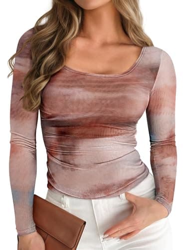Pink Queen Sheer Mesh Tops for Women Casual Long Sleeve Bodycon Shirts Sexy Date Night Top Brown L - Image 1