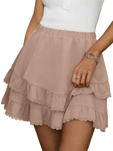 Caracilia Flowy Skorts for Women, Ruffle Tiered A-Line Mini Skirts Built-in Shorts, 2026 Summer Tennis & Golf Shorts Khaki Large - Image 1