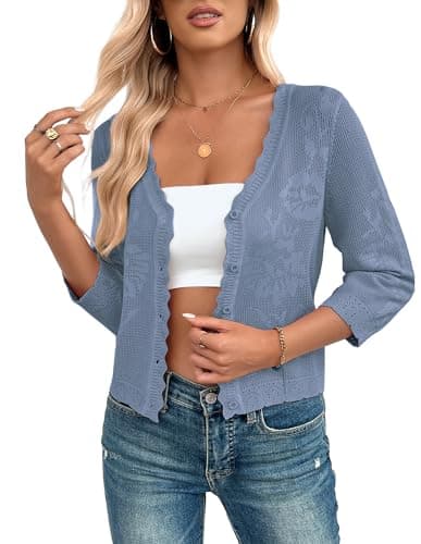 Kate Kasin Women's Blue 3/4 Sleeve Short Cardigans Sweater Soft Lightweight Crochet Knit Summer Shrugs for Dress Small - Image 1