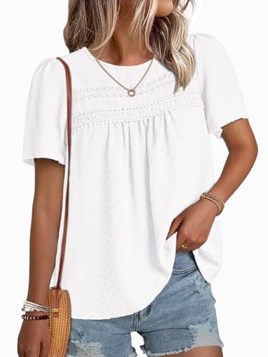 NORACORA Womens Summer Tops Crewneck Short Sleeve Shirts Casual Chiffon Boho Babydoll Blouses Flowy Lace Hem White Clothing Trendy 2026 White XL - Image 1
