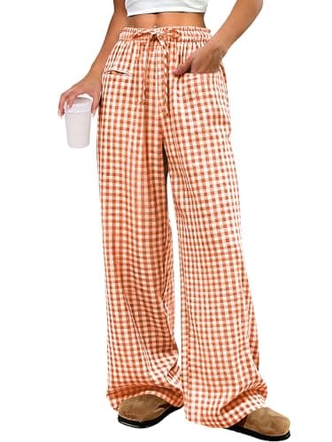 ANRABESS Womens Striped Gingham Pants 2026 Pajama Drawstring Wide Leg Lounge Plaid Pants Cute Casual Trousers with Pockets Orange White Plaid Large - Image 1