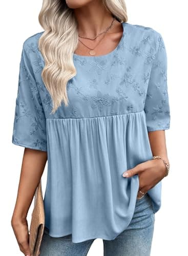 EVALESS Plus Size Summer Tops for Women Trendy Crewneck Half Sleeve Shirts Blouses Cute Floral Embroidered Boho Babydoll Tops Loose Fit Tshirts Flowy Chiffon Blouse Light Blue XX-Large - Image 1