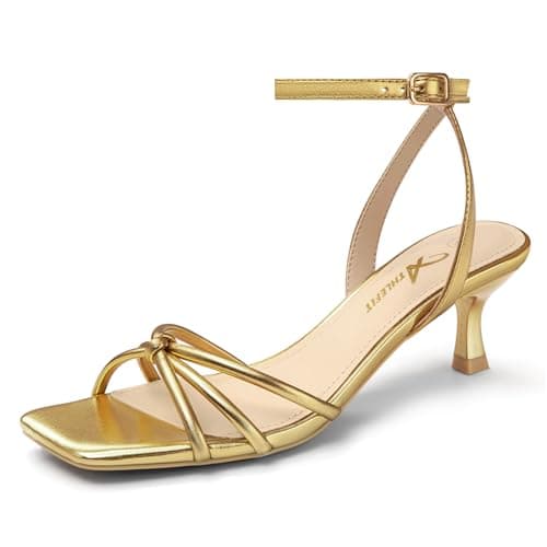 Athlefit Women's Kitten Heels Square Open Toe Strappy Low Heel Sandals Ankle Strap Party Dress Gold Heels for Prom Size 5.5 - Image 1