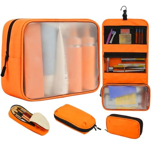 Idcymoul Travel Toiletry Bag 5-Piece Kit, Hanging Toiletries Bag+TSA Approved Cosmetic Bag+Jewelry Bag+ Brush Bag+Cable Bag, Professional Travel Essentials Accessories Organizer for Women - Orange - Image 1