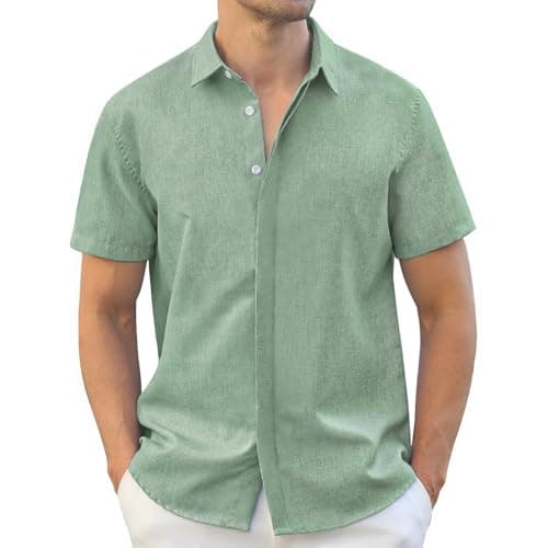 Rioofinx Men's Button-Down Shirts Wrinkle Free Short Sleeve Shirt Textured Linen-Look Casual Top for Summer, Beach Vacation Linen-Light Green S - Image 1
